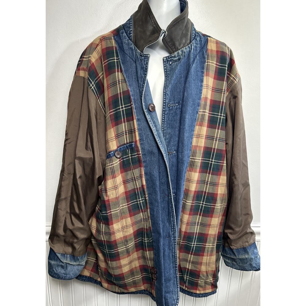 Vintage Lands End Denim Chore Barn Coat Womens XL Leather Collar Jacket Lined - Picture 4 of 10